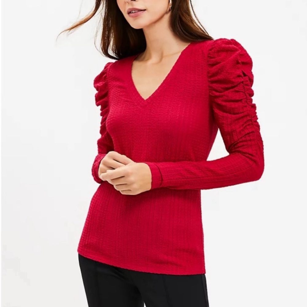 Loft Shirred Puff Sleeve textured Top‎ raspberry pink NWT